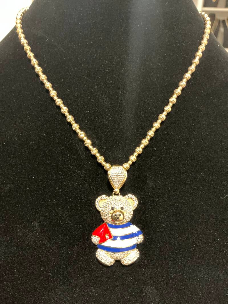 COLLAR DE CUENTAS DE ORO 10K CON DIJE SÓLIDO DE OSO